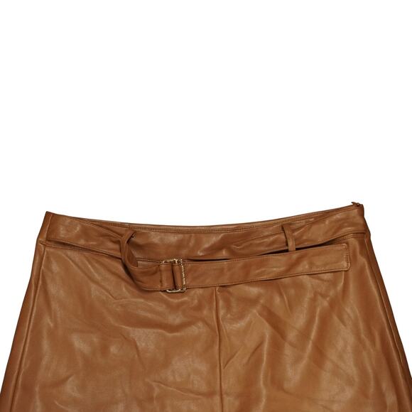 Tan Faux Leather Skirt Women’s Size Medium Belted High Waist Mod Chic - Picture 2 of 6